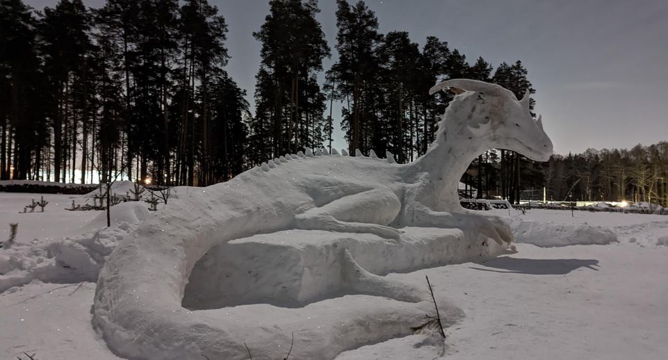 Житель Ногинска слепил из снега 14-метрового дракона в парке «Волхонка»