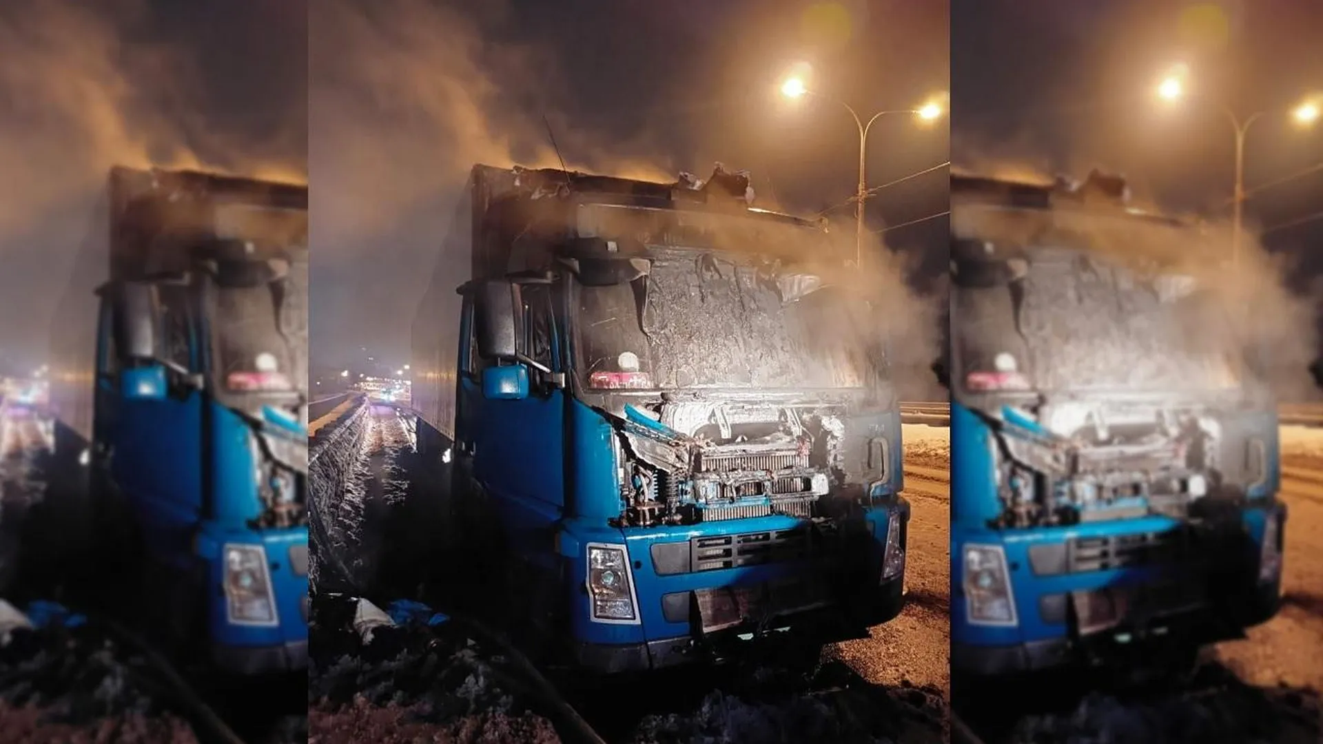 «Пламя охватило всю кабину»: фура внезапно загорелась на шоссе в подмосковных Мытищах