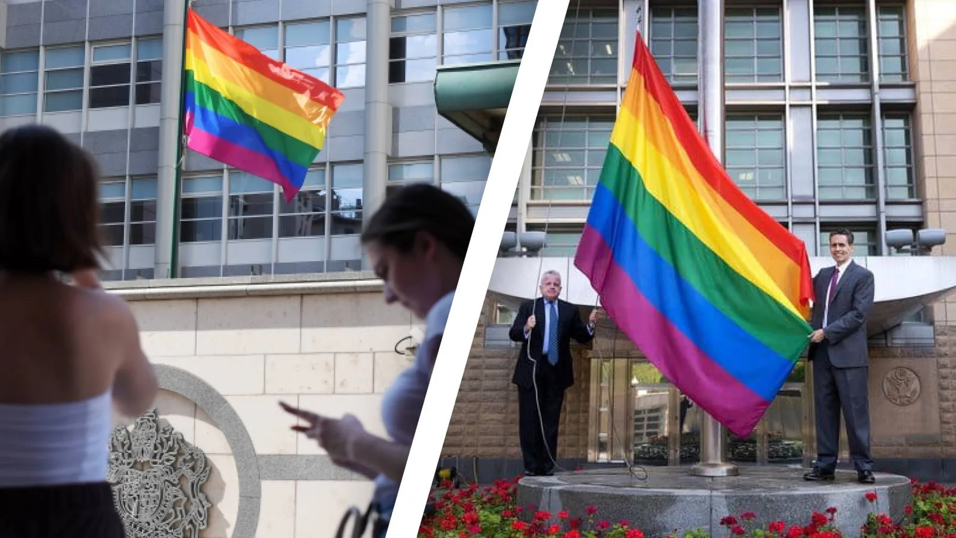 Флаги ЛГБТ у американского и британского посольств в Москве