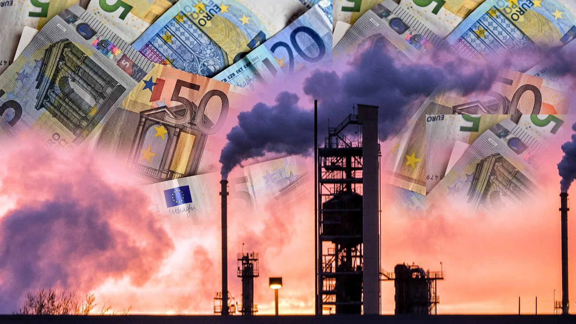 Сквозь дым от труб проглядывают купюры евро